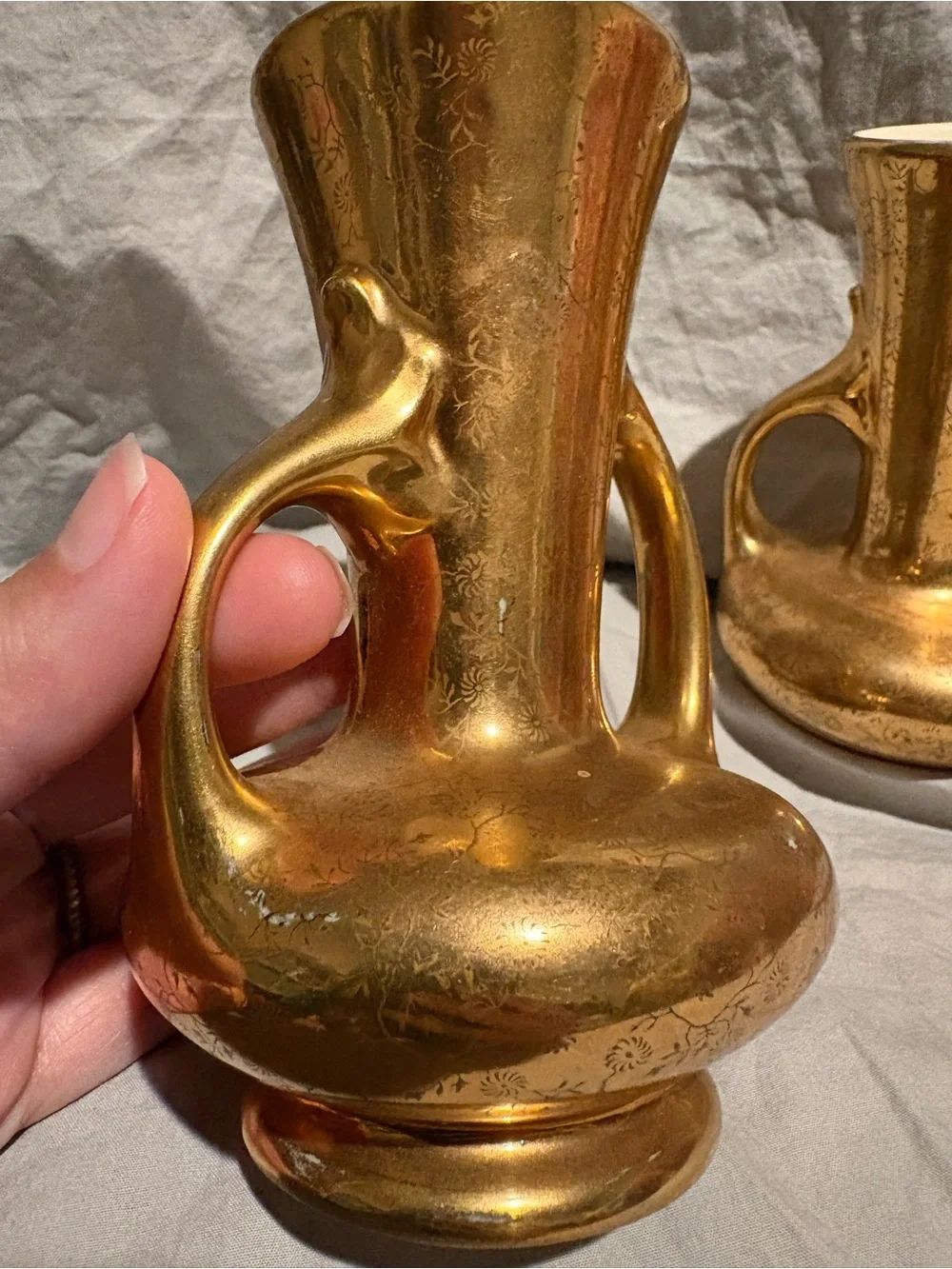 Pearl China 22K Gold Decorative Double-Handled Ceramic Vases - Pair